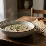 A steaming bowl of creamy mushroom soup garnished with fresh thyme, placed on a rustic wooden dining table next to a