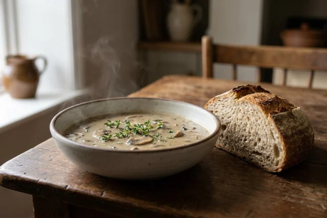 A steaming bowl of creamy mushroom soup garnished with fresh thyme, placed on a rustic wooden dining table next to a