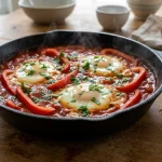 A cast iron skillet on a wooden table contains red tomato sauce, sliced red bell peppers, and three poached eggs
