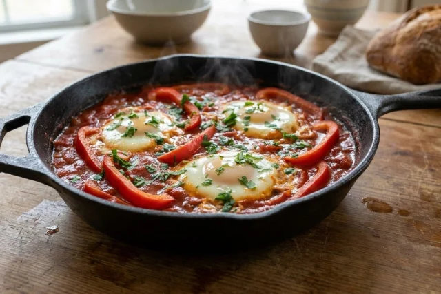 A cast iron skillet on a wooden table contains red tomato sauce, sliced red bell peppers, and three poached eggs